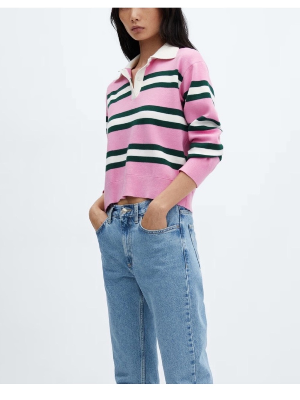 Mango Pink Green Striped Polo Collar Knit Sweater Top Small - Tennis Preppy - Picture 3 of 16